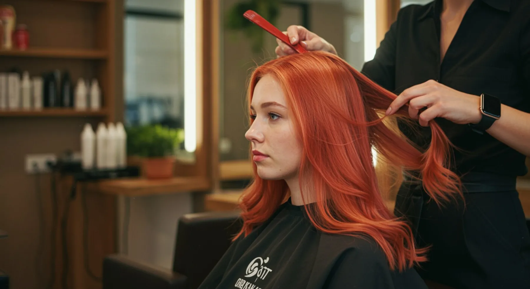 imagen26 1 "Imagen de una mujer blanca en un salón moderno mientras un estilista aplica un tratamiento de color vibrante a su cabello, resaltando la textura y el brillo de sus mechones saludables en tonos cobre y rosa."